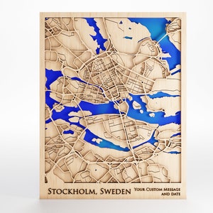 Carte en bois de Stockholm, Suède - Message personnalisé - Bois de qualité supérieure - Découpée au laser - Cadre inclus