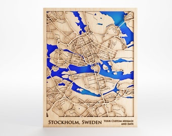 Stockholm Sweden Wood Map – Laser Cut, Custom Message, Framed