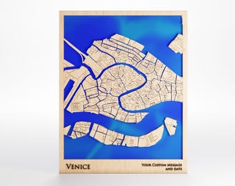 Venice Wood Map - Custom Message - Premium Wood - Laser Cut - Includes Frame