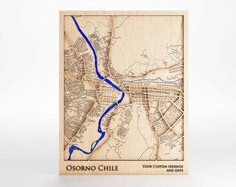 Osorno Chile Wood Map – Laser Cut Topographic Art, Custom Message