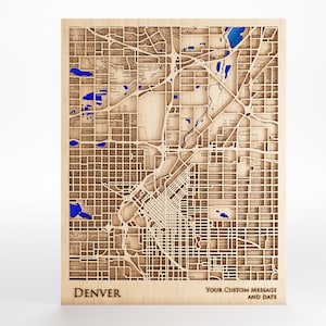 Denver Colorado Wood Map - Custom Message - Premium Wood - Laser Cut - Includes Frame