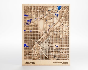Denver Colorado Wood Map - Custom Message - Premium Wood - Laser Cut - Includes Frame