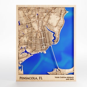 Houten kaart Pensacola Florida - aangepast bericht - premium hout - lasergesneden - inclusief lijst