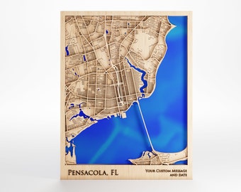 Pensacola Florida Wood Map – Custom Laser Cut Framed Art