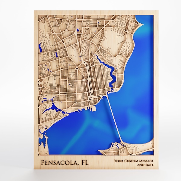 Pensacola Florida Wood Map – Custom Laser Cut Framed Art