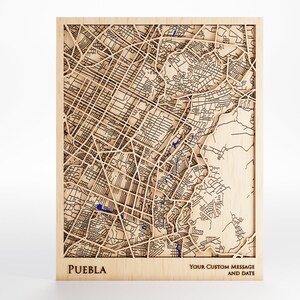 Puebla Mexico Wood Map - Custom Message - Premium Wood - Laser Cut - Includes Frame