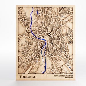 Toulouse Wood Map - Custom Message - Laser Cut - Includes Frame