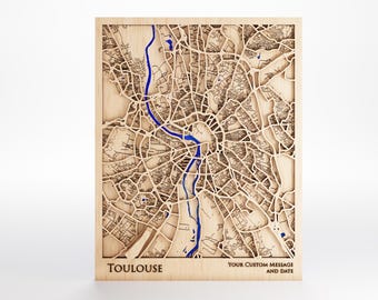 Toulouse Wood Map - Custom Message - Laser Cut - Includes Frame