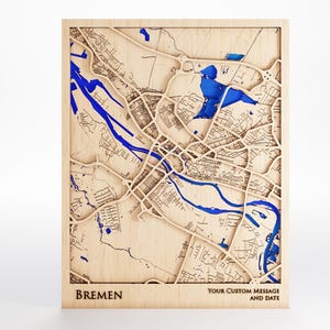 Bremen Wood Map - Custom Message - Laser Cut - Includes Frame