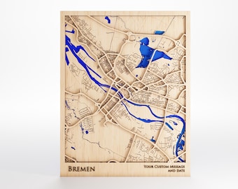 Bremen Wood Map - Custom Message - Laser Cut - Includes Frame