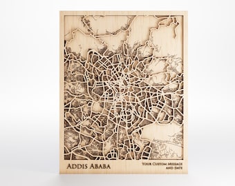 Addis Ababa Wood Map - Custom Message - Laser Cut - Includes Frame