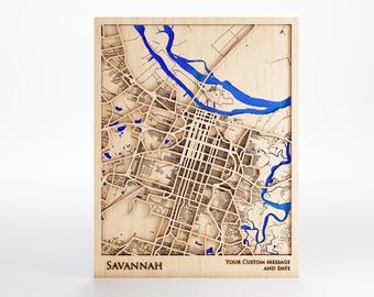 Savannah Wood Map - Custom Message - Laser Cut - Includes Frame