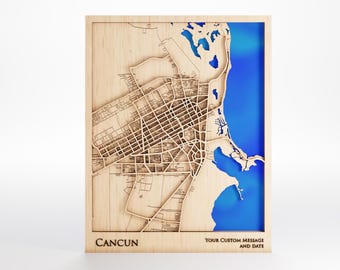 Cancun Wood Map - Custom Message - Premium Wood - Laser Cut - Includes Frame