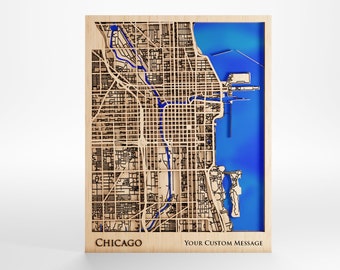 Chicago Wood Map - Custom Message - Premium Wood - Laser Cut - Includes Frame
