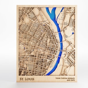 Carte en bois de Saint-Louis, Missouri - Message personnalisé - Bois de qualité supérieure - Découpée au laser - Cadre inclus