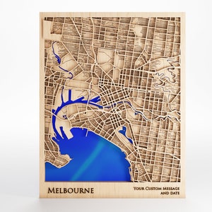 Carte en bois de Melbourne - Message personnalisé - Bois de qualité supérieure - Découpée au laser - Cadre inclus
