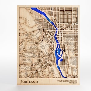Carte en bois de Portland, Oregon - Message personnalisé - Découpe laser - Cadre inclus
