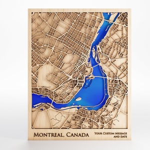 Carte en bois de Montréal - Message personnalisé - Découpe au laser - Cadre inclus