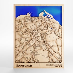Mapa de madeira de Edimburgo - Mensagem personalizada - Madeira premium - Corte a laser - Inclui moldura