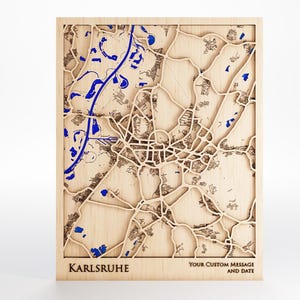 Karlsruhe Wood Map - Custom Message - Laser Cut - Includes Frame