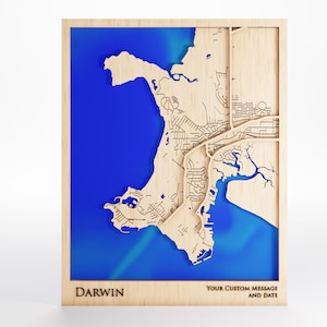 Darwin Wood Map - Custom Message - Laser Cut - Includes Frame