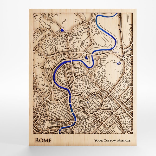 Rome Wood Map - Custom Message - Laser Cut - Includes Frame