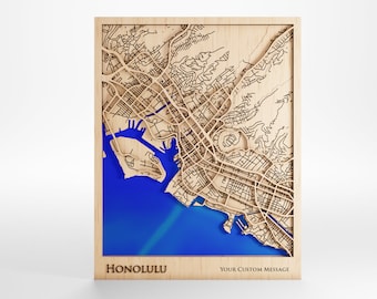 Honolulu Wood Map - Custom Message/Location - Military PCS Going Away Gift