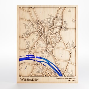 Mapa de madera de Wiesbaden - Mensaje personalizado - Corte láser - Incluye marco