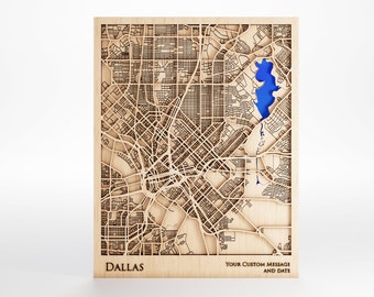 Laser Cut Dallas Wood Map with Custom Message & Frame