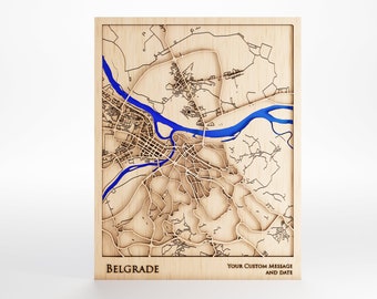 Carte en bois de Belgrade – art de la ville personnalisé découpé au laser, encadré