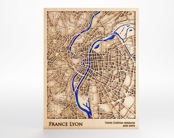 Lyon France Wood Map - Custom Message - Premium Wood - Laser Cut - Includes Frame