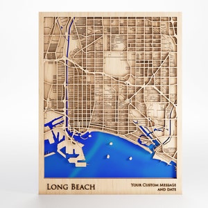 Carte en bois de Long Beach - Message personnalisé - Bois de qualité supérieure - Découpée au laser - Cadre inclus