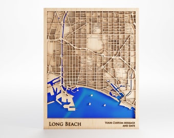 Long Beach Wood Map - Custom Message - Premium Wood - Laser Cut - Includes Frame