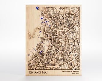 Chiang Mai Wood Map - Custom Message - Laser Cut - Includes Frame
