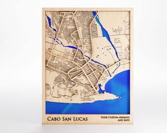 Cabo San Lucas Wood Map - Custom Message - Laser Cut - Includes Frame