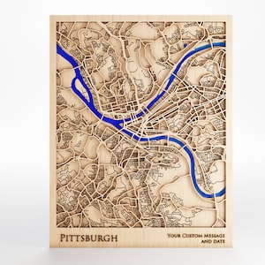 Carte en bois de Pittsburgh - Message personnalisé - Découpée au laser - Cadre inclus