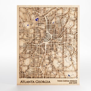 Houten kaart Atlanta, Georgia - aangepast bericht - lasergesneden - inclusief lijst