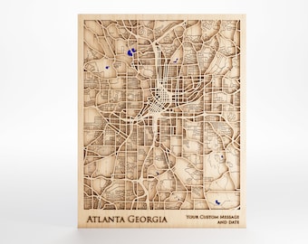 Atlanta Georgia Wood Map - Custom Message - Laser Cut - Includes Frame