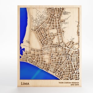 Houten kaart van Lima Peru - aangepast bericht - lasergesneden - inclusief lijst