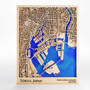 Tokyo Wood Map - Custom Message - Premium Wood - Laser Cut - Includes Frame