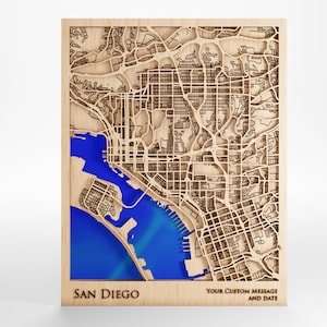Carte en bois de San Diego - Message personnalisé - Découpe au laser - Cadre inclus