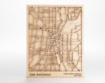 San Antonio Texas Wood Map - Custom Message - Premium Wood - Laser Cut - Includes Frame