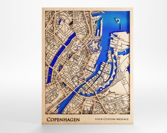 Copenhagen Wood Map - Custom Message - Premium Wood - Laser Cut - Includes Frame