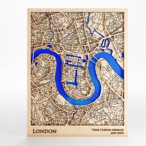 Carte en bois de Londres - Message personnalisé - Découpe au laser - Cadre inclus