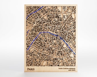 Paris Wood Map - Custom Message - Laser Cut - Includes Frame