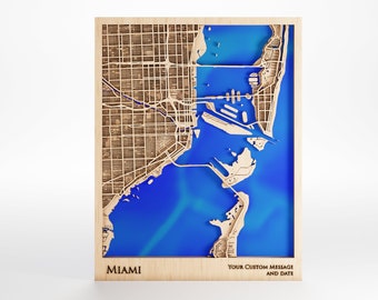 Miami Wood Map - Custom Message - Premium Wood - Laser Cut - Includes Frame