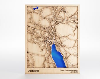 Zurich Wood Map - Custom Message - Premium Wood - Laser Cut - Includes Frame