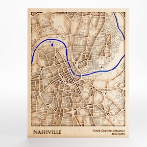 Houten kaart van Nashville - aangepast bericht - premium hout - lasergesneden - inclusief lijst