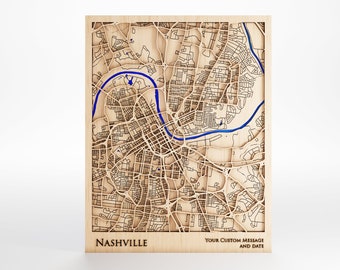 Nashville Wood Map - Custom Message - Premium Wood - Laser Cut - Includes Frame