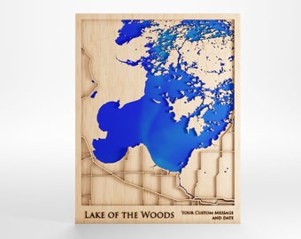 Lake of the Woods Wood Map - Custom Message - Laser Cut - Includes Frame